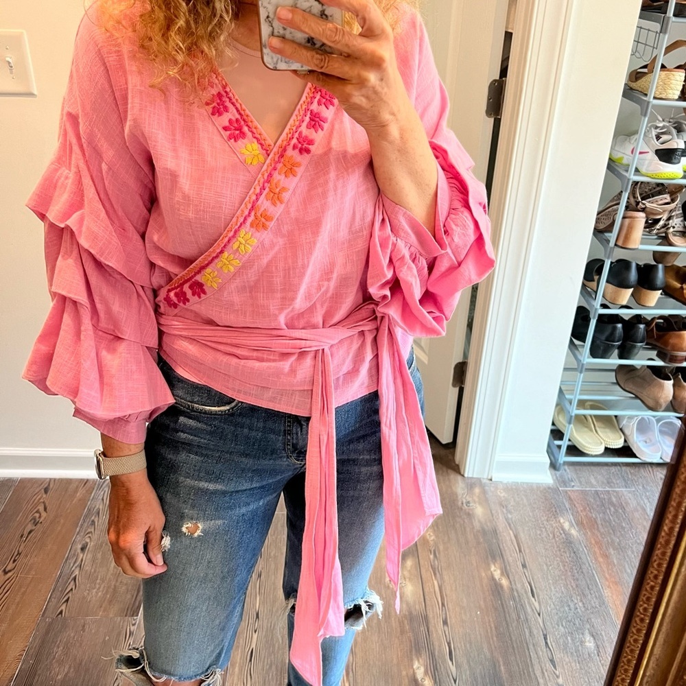 Women’s Pink Wrap Blouse with Embroidered Trim